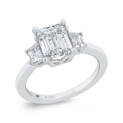14K White Gold Three Stone Engagement Ring Trapezoid sides Diamond (Semi-Mount)