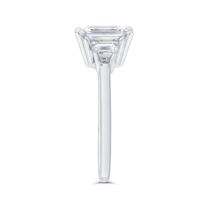 14K White Gold Three Stone Engagement Ring Trapezoid sides Diamond (Semi-Mount)
