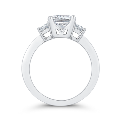 14K White Gold Three Stone Engagement Ring Trapezoid sides Diamond (Semi-Mount)