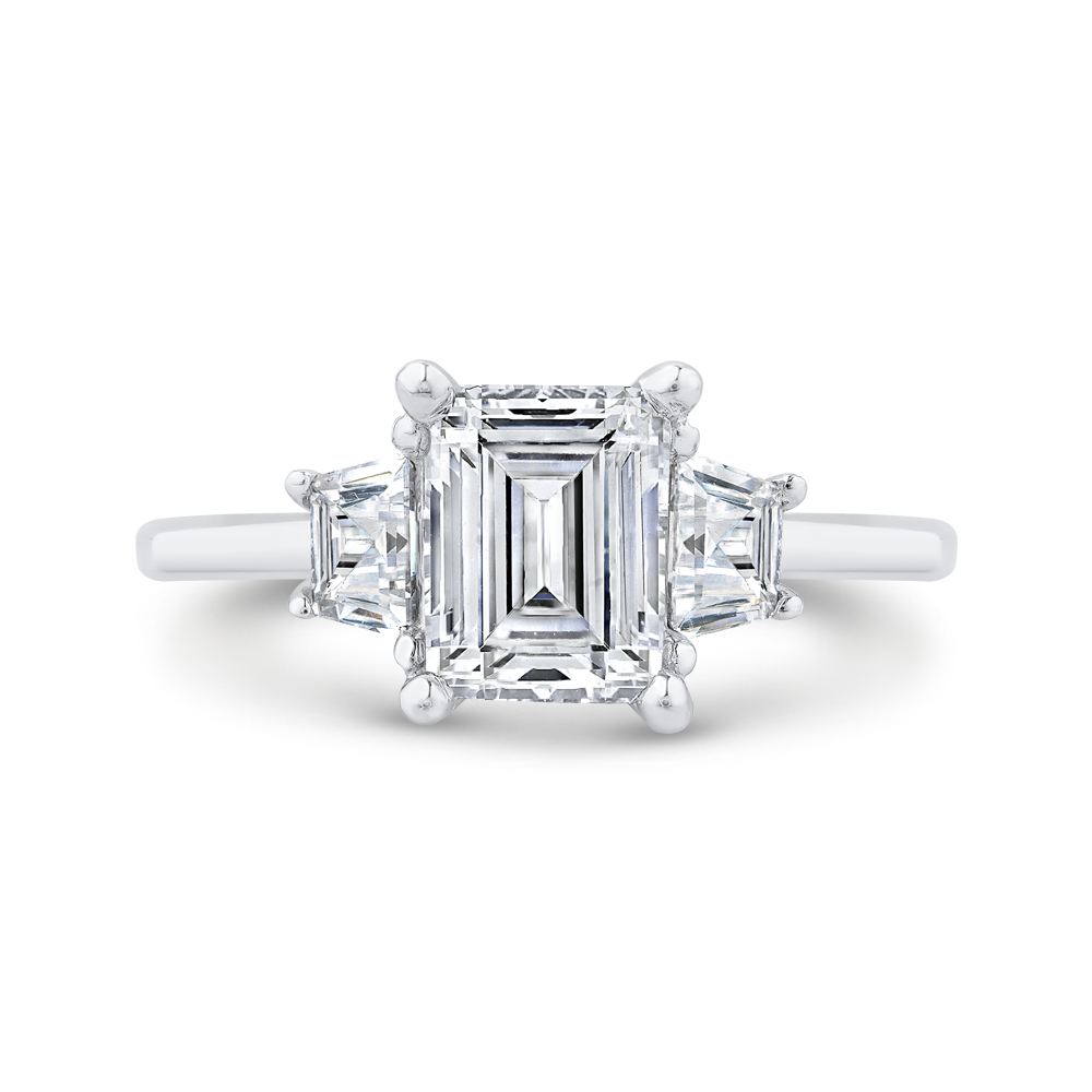 14K White Gold Three Stone Engagement Ring Trapezoid sides Diamond (Semi-Mount)