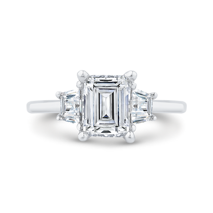 14K White Gold Three Stone Engagement Ring Trapezoid sides Diamond (Semi-Mount)