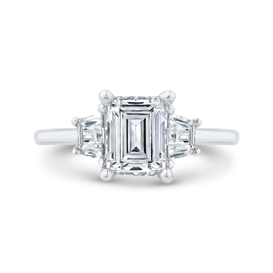 14K White Gold Three Stone Engagement Ring Trapezoid sides Diamond (Semi-Mount)