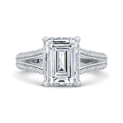 14K White Gold Emerald Cut Diamond Engagement Ring with Split Shank (Semi-Mount)