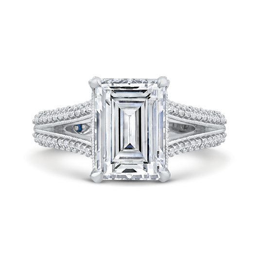 14K White Gold Emerald Cut Diamond Engagement Ring with Split Shank (Semi-Mount)