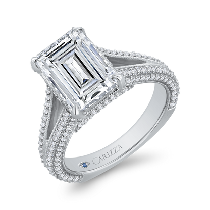 14K White Gold Emerald Cut Diamond Engagement Ring with Split Shank (Semi-Mount)