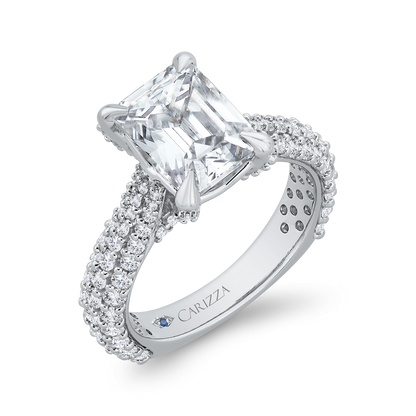 14K White Gold Three Row Emerald Diamond Engagement Ring (Semi-Mount)