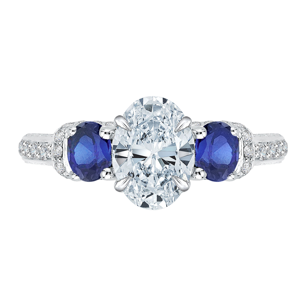 Oval Shape Diamond and Sapphire Three-Stone Engagement Ring in 14K White Gold (Semi-Mount)