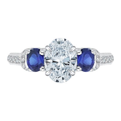 Oval Shape Diamond and Sapphire Three-Stone Engagement Ring in 14K White Gold (Semi-Mount)