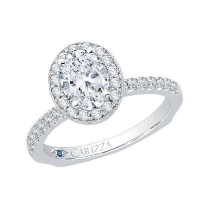 Euro Shank Oval Cut Diamond Halo Engagement Ring in 14K White Gold (Semi-Mount)