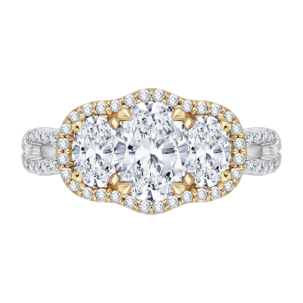 Oval Cut Diamond Three-Stone Halo Engagement Ring in 14K Two Tone Gold (Semi-Mount)