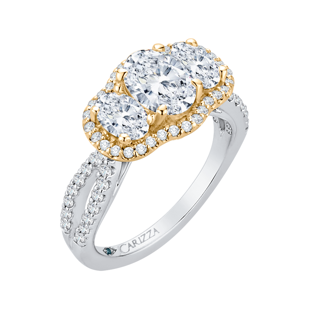 Oval Cut Diamond Three-Stone Halo Engagement Ring in 14K Two Tone Gold (Semi-Mount)