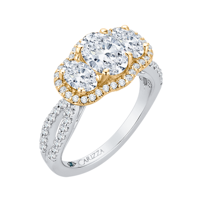 Oval Cut Diamond Three-Stone Halo Engagement Ring in 14K Two Tone Gold (Semi-Mount)