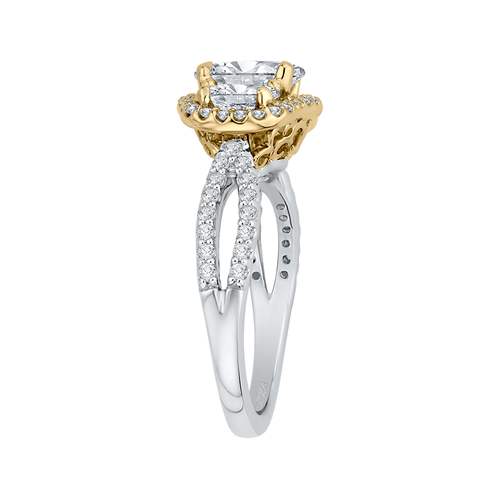 Oval Cut Diamond Three-Stone Halo Engagement Ring in 14K Two Tone Gold (Semi-Mount)