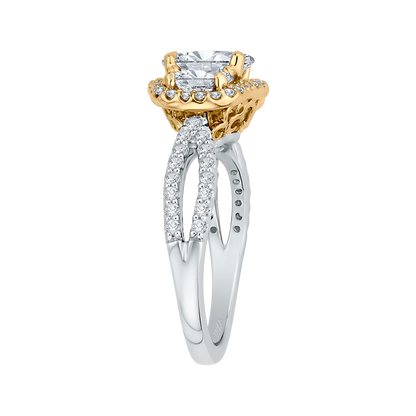 Oval Cut Diamond Three-Stone Halo Engagement Ring in 14K Two Tone Gold (Semi-Mount)