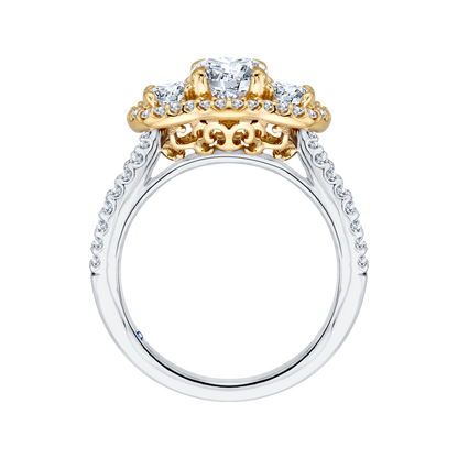 Oval Cut Diamond Three-Stone Halo Engagement Ring in 14K Two Tone Gold (Semi-Mount)