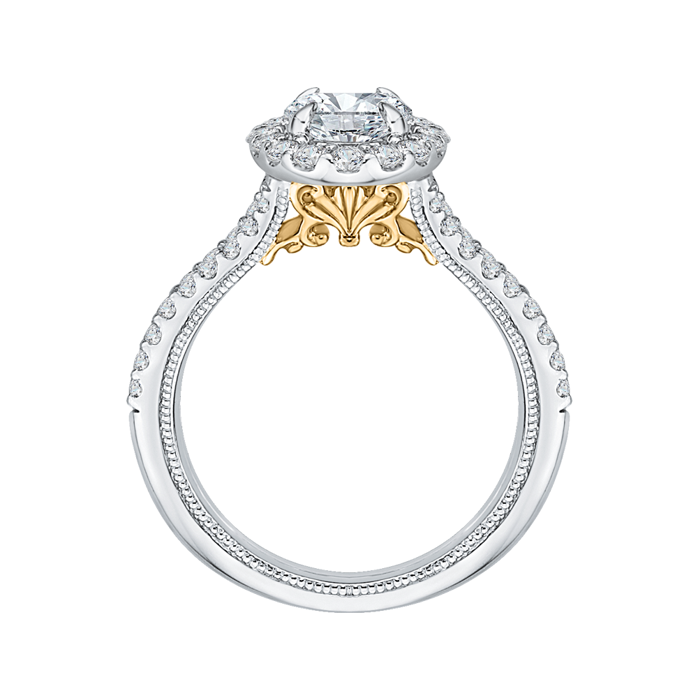 Split Shank Oval Cut Diamond Halo Vintage Engagement Ring in 14K Two Tone Gold (Semi-Mount)