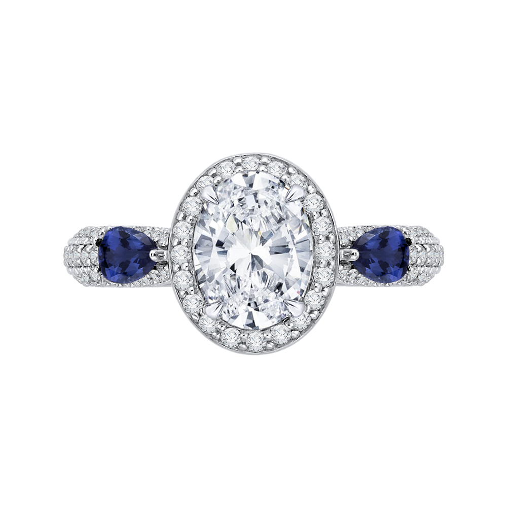 Oval Cut Diamond Halo Engagement Ring with Sapphire in 14K White Gold (Semi-Mount)