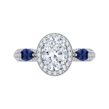 Oval Cut Diamond Halo Engagement Ring with Sapphire in 14K White Gold (Semi-Mount)