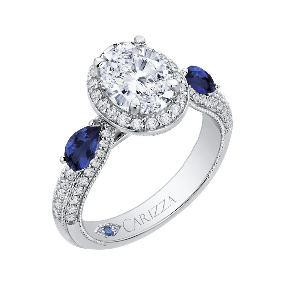 Oval Cut Diamond Halo Engagement Ring with Sapphire in 14K White Gold (Semi-Mount)