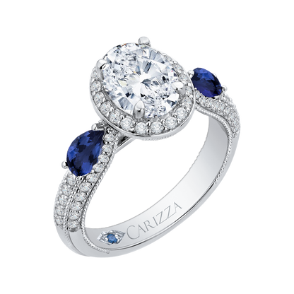 Oval Cut Diamond Halo Engagement Ring with Sapphire in 14K White Gold (Semi-Mount)