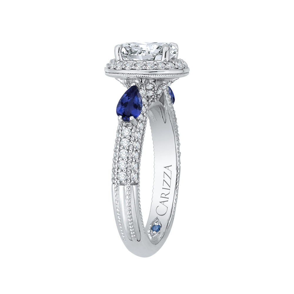 Oval Cut Diamond Halo Engagement Ring with Sapphire in 14K White Gold (Semi-Mount)