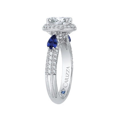 Oval Cut Diamond Halo Engagement Ring with Sapphire in 14K White Gold (Semi-Mount)