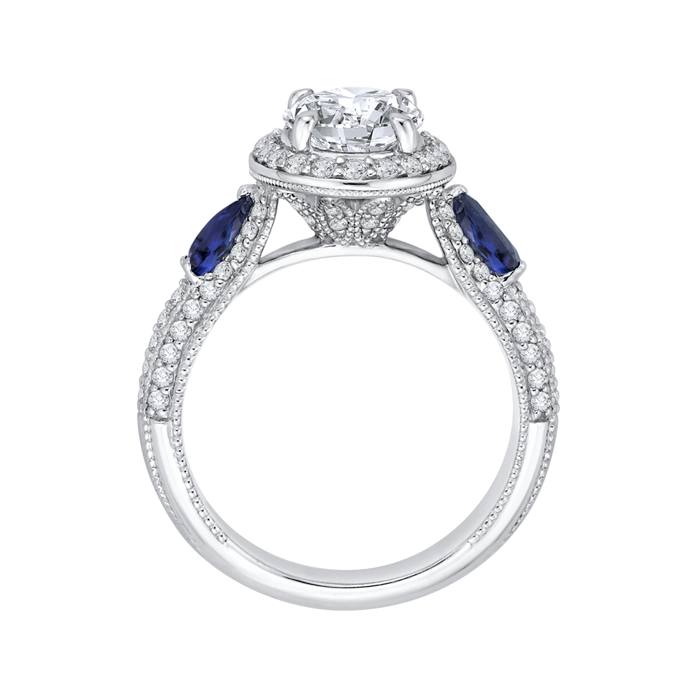 Oval Cut Diamond Halo Engagement Ring with Sapphire in 14K White Gold (Semi-Mount)