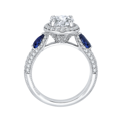 Oval Cut Diamond Halo Engagement Ring with Sapphire in 14K White Gold (Semi-Mount)