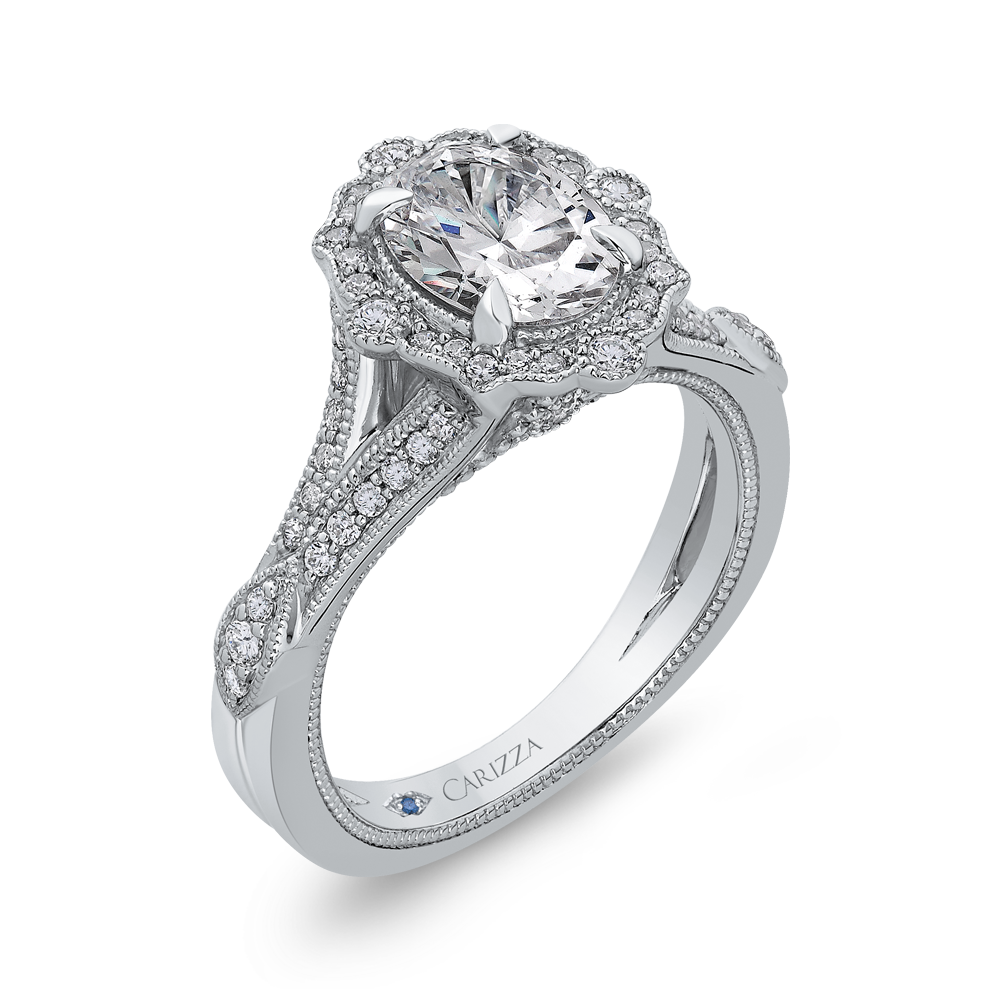 Split Shank Oval Cut Diamond Halo Engagement Ring in 14K White Gold (Semi-Mount)