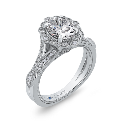 Split Shank Oval Cut Diamond Halo Engagement Ring in 14K White Gold (Semi-Mount)