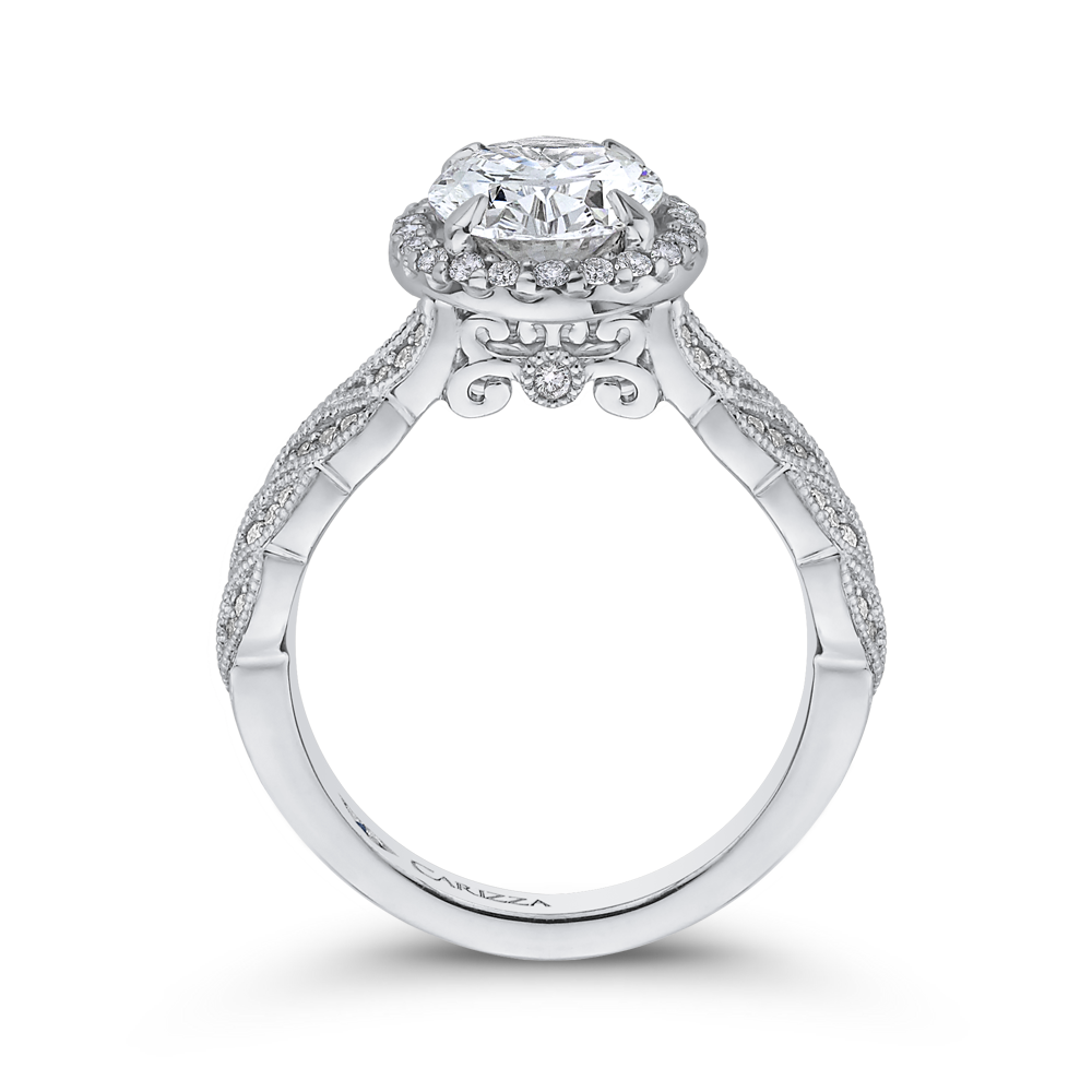 Oval Cut Diamond Floral Halo Engagement Ring in 14K White Gold (Semi-Mount)