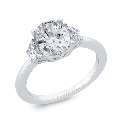 14K White Gold Three Stone Engagement Ring Half-moon sides Diamond (Semi-Mount)