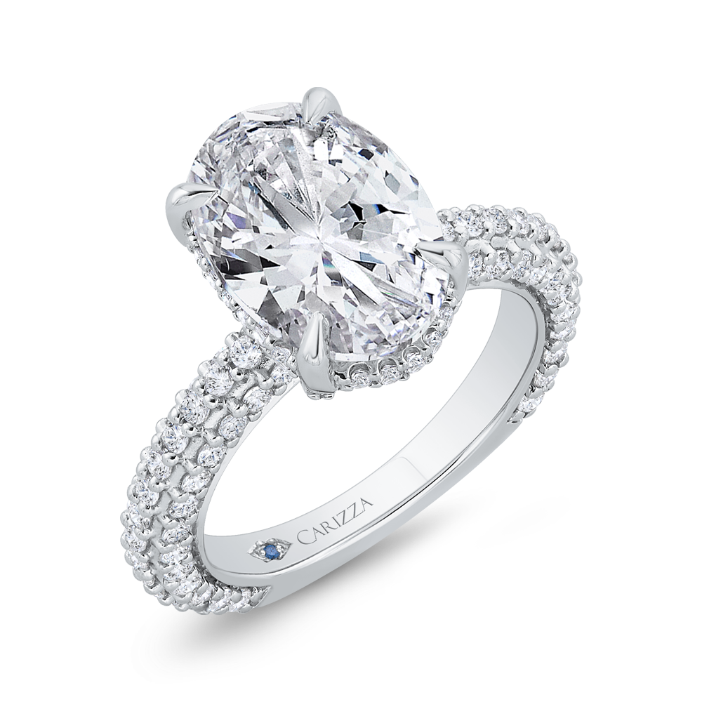 14K White Gold Oval Diamond Three Row Engagement Ring (Semi-Mount)