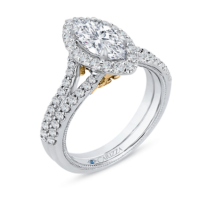 14K Two-Tone Gold Marquise Diamond Halo Vintage Engagement Ring with Split Shank (Semi-Mount)