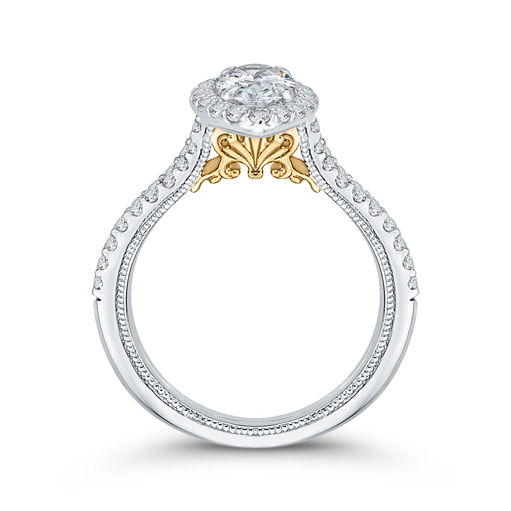 14K Two-Tone Gold Marquise Diamond Halo Vintage Engagement Ring with Split Shank (Semi-Mount)