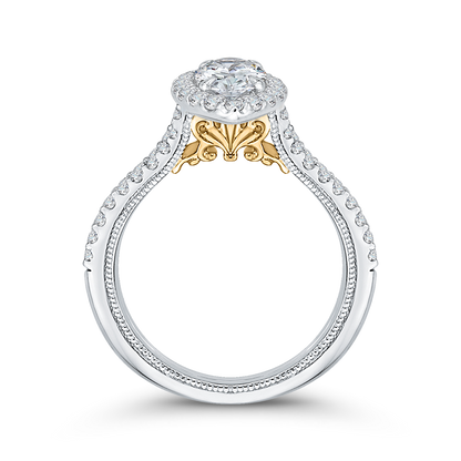 14K Two-Tone Gold Marquise Diamond Halo Vintage Engagement Ring with Split Shank (Semi-Mount)