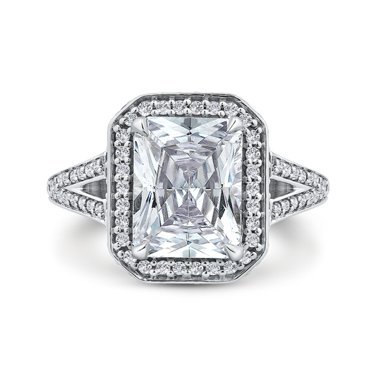 Radiant Diamond Halo Engagement Ring In 14K White Gold with Split Shank (Semi-Mount)