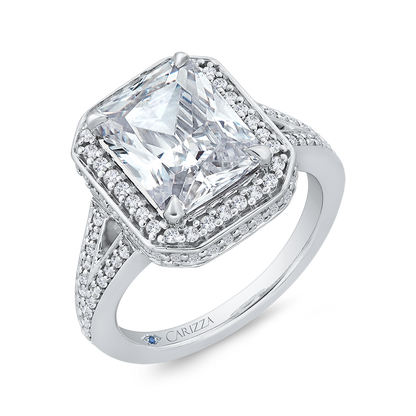 Radiant Diamond Halo Engagement Ring In 14K White Gold with Split Shank (Semi-Mount)