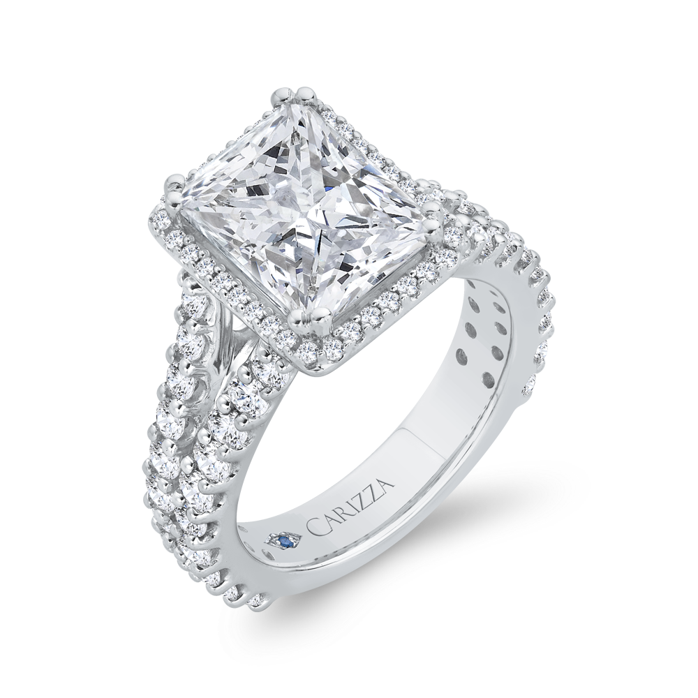 Radiant Diamond Halo Engagement Ring In 14K White Gold with Split Shank (Semi-Mount)