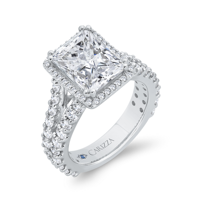 Radiant Diamond Halo Engagement Ring In 14K White Gold with Split Shank (Semi-Mount)
