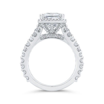 Radiant Diamond Halo Engagement Ring In 14K White Gold with Split Shank (Semi-Mount)