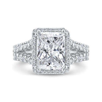 Radiant Diamond Halo Engagement Ring In 14K White Gold with Split Shank (Semi-Mount)
