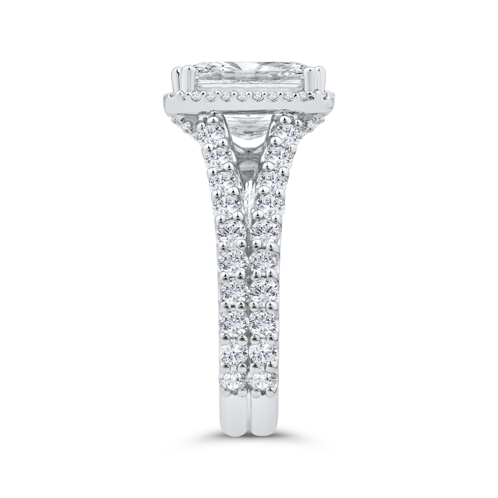 Radiant Diamond Halo Engagement Ring In 14K White Gold with Split Shank (Semi-Mount)