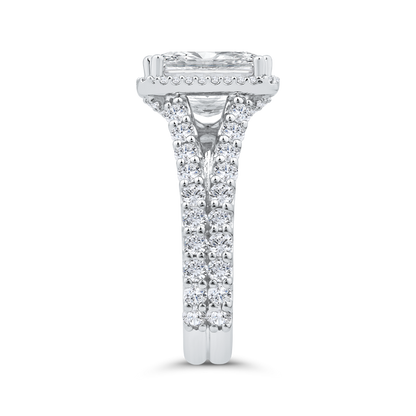 Radiant Diamond Halo Engagement Ring In 14K White Gold with Split Shank (Semi-Mount)