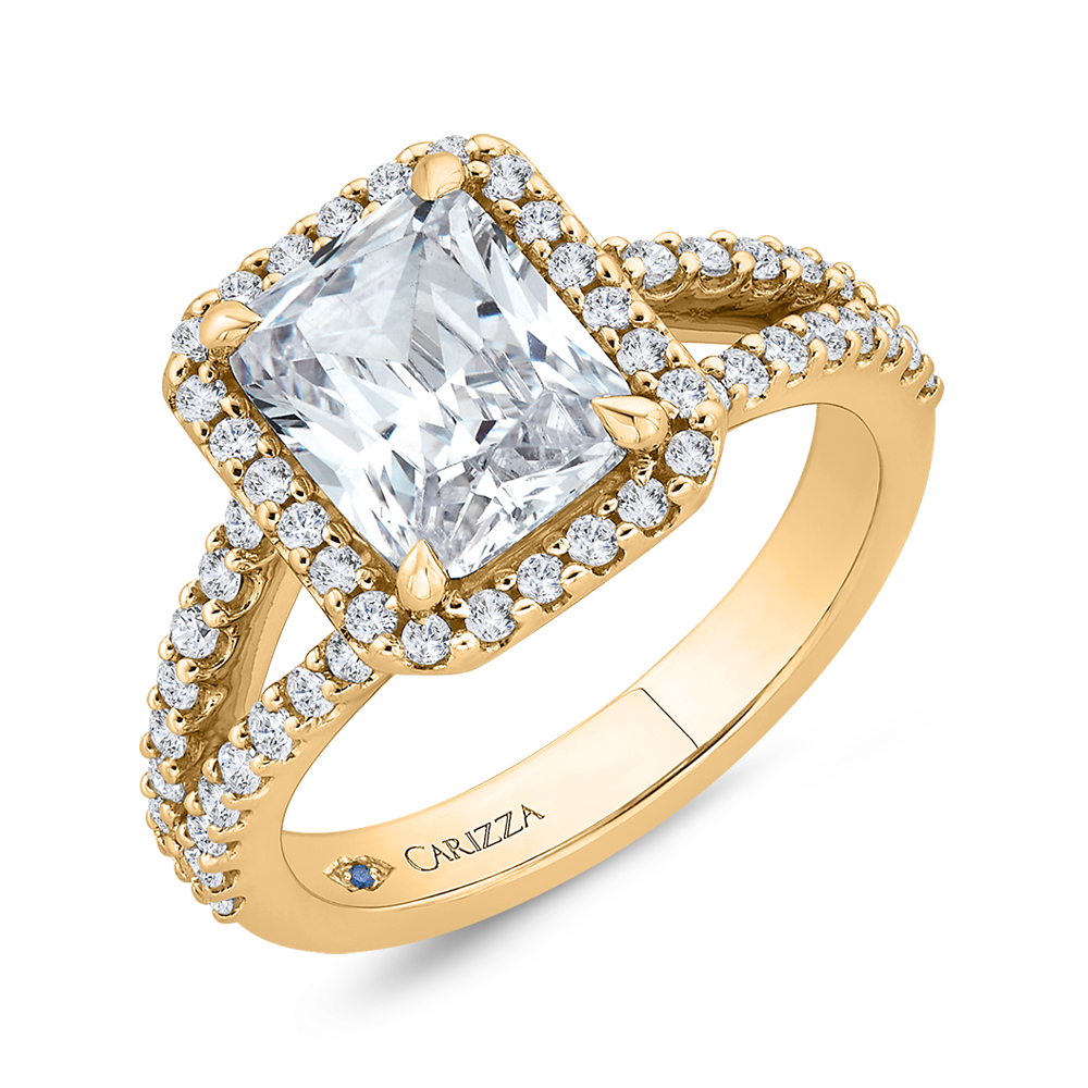 Radiant Diamond Halo Engagement Ring In 14K Yellow Gold with Split Shank (Semi-Mount)