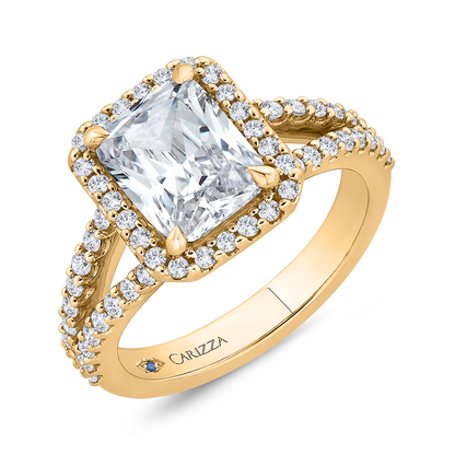Radiant Diamond Halo Engagement Ring In 14K Yellow Gold with Split Shank (Semi-Mount)