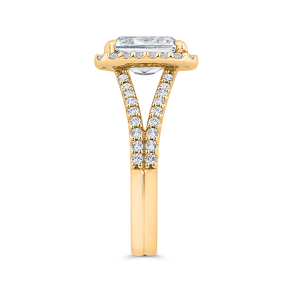 Radiant Diamond Halo Engagement Ring In 14K Yellow Gold with Split Shank (Semi-Mount)