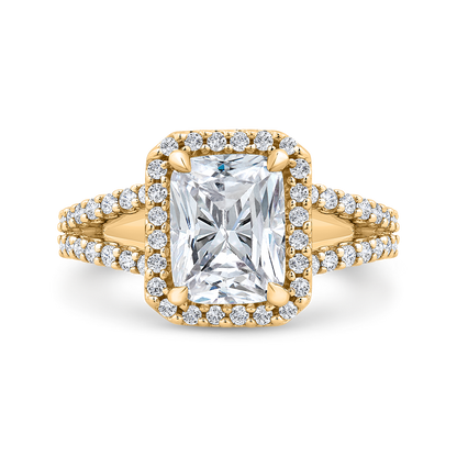 Radiant Diamond Halo Engagement Ring In 14K Yellow Gold with Split Shank (Semi-Mount)