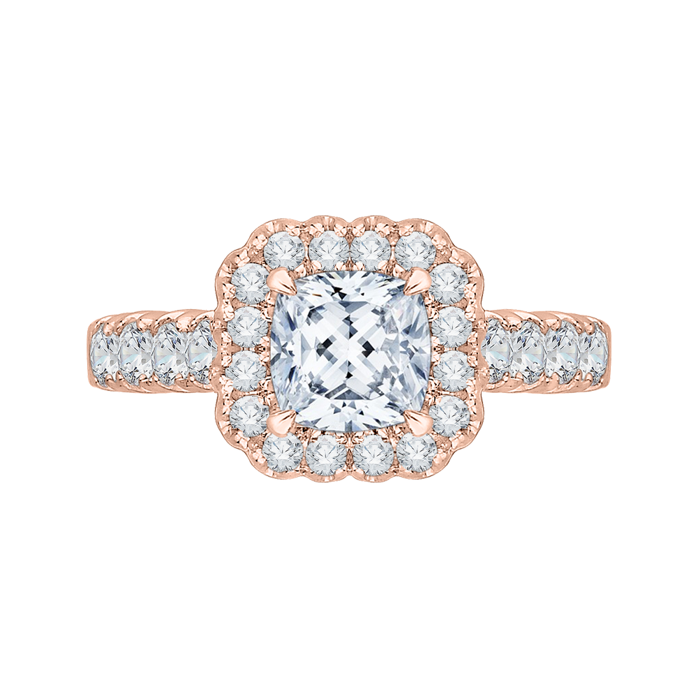 Cushion Cut Diamond Halo Engagement Ring with Band in 14K Rose Gold (Semi-Mount)