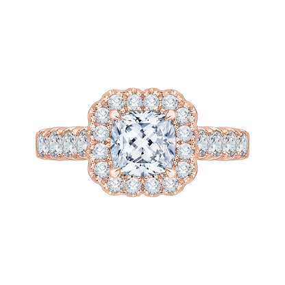 Cushion Cut Diamond Halo Engagement Ring with Band in 14K Rose Gold (Semi-Mount)